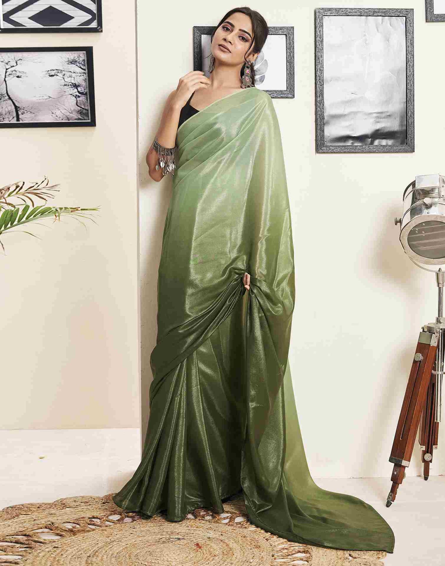 Ready To Wear Olive Green Georgette Plain Saree