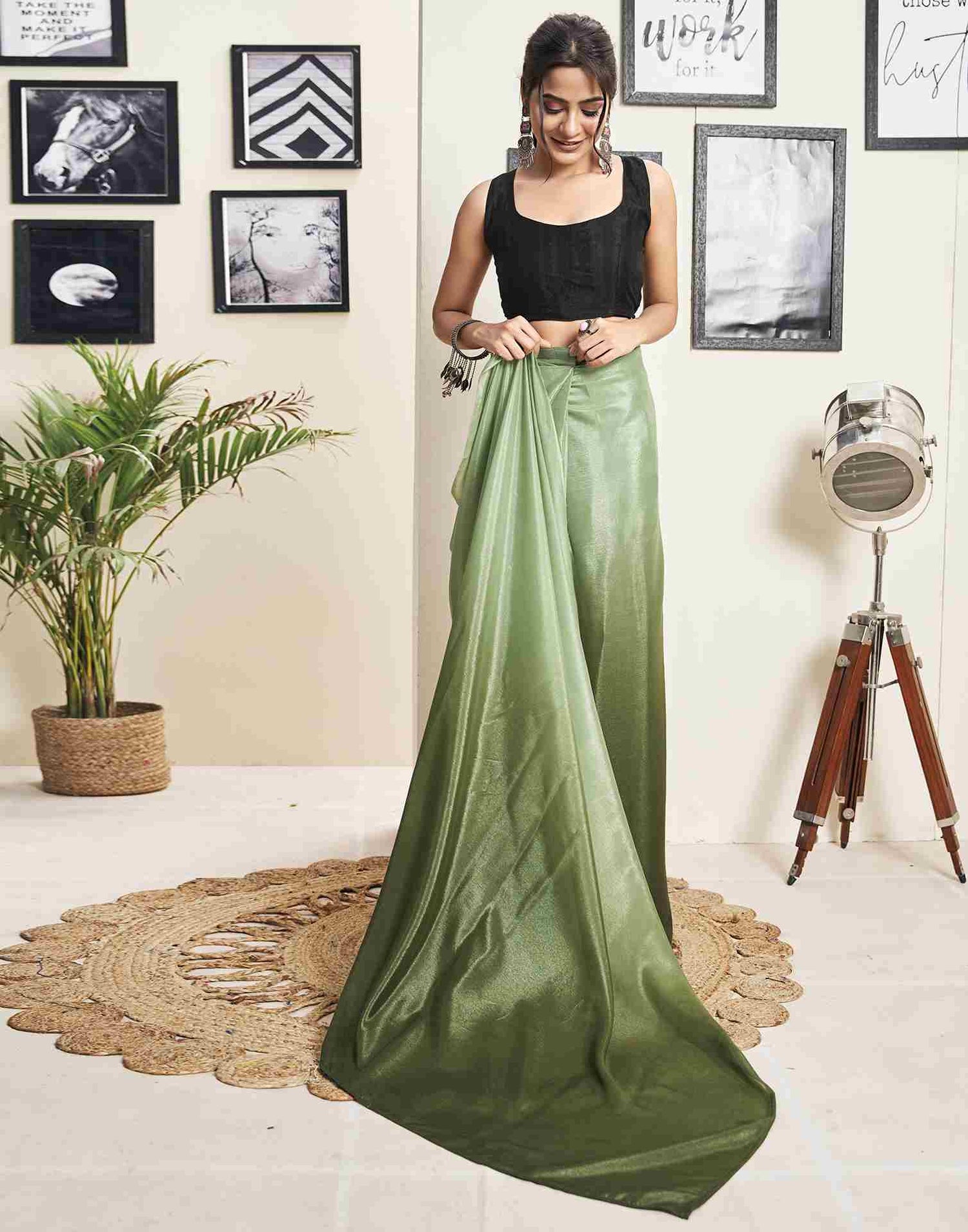 Ready To Wear Olive Green Georgette Plain Saree