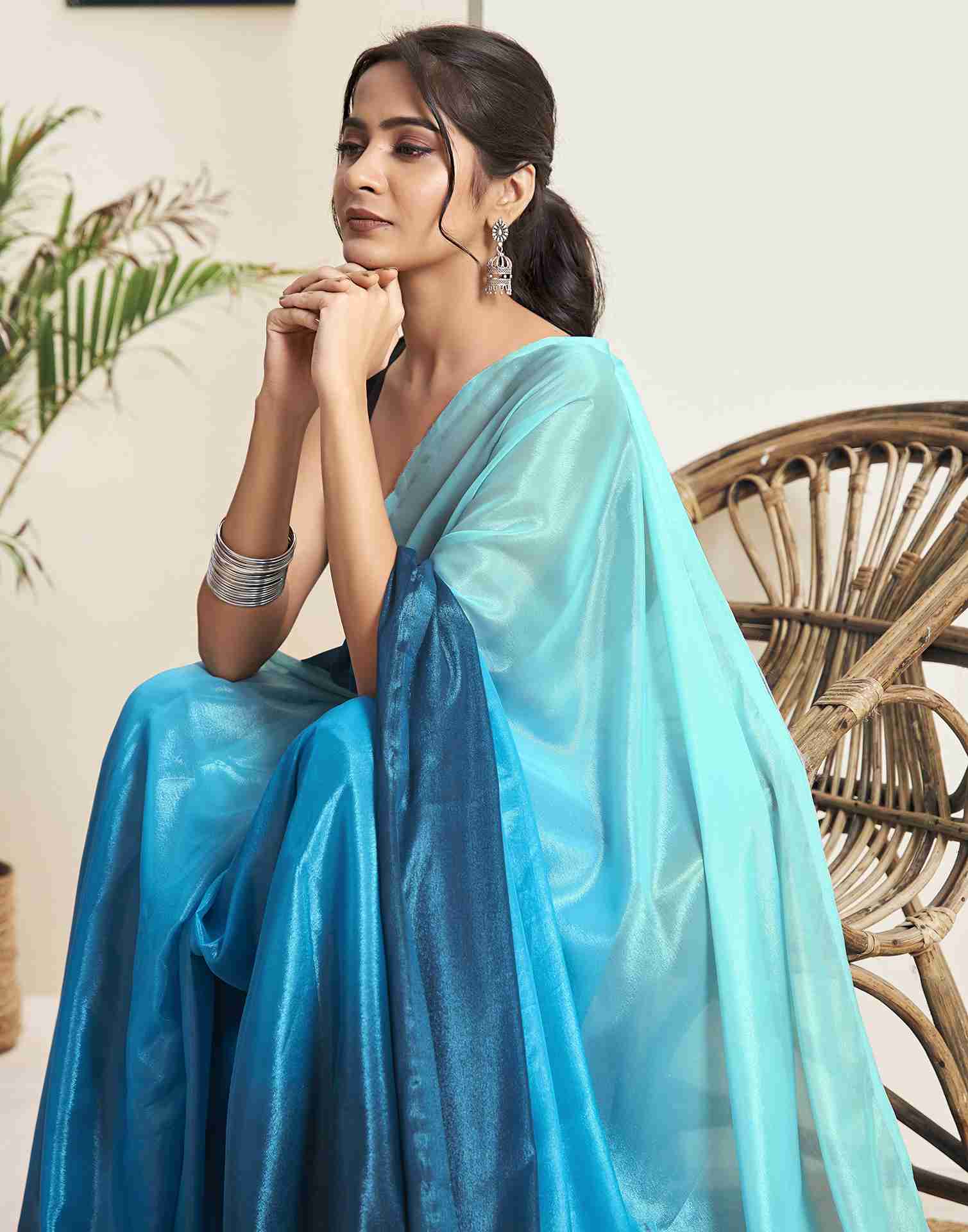 Ready To Wear Teal Blue Georgette Plain Saree