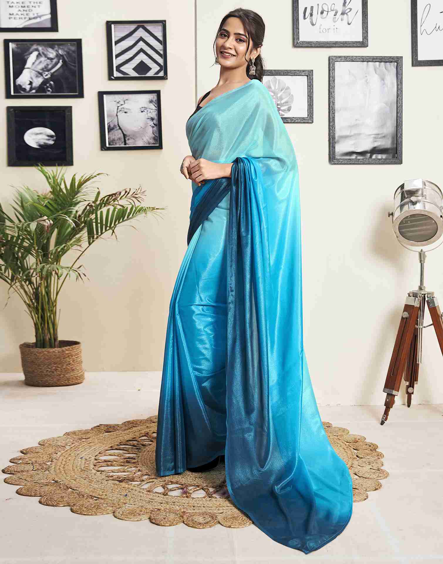 Ready To Wear Teal Blue Georgette Plain Saree