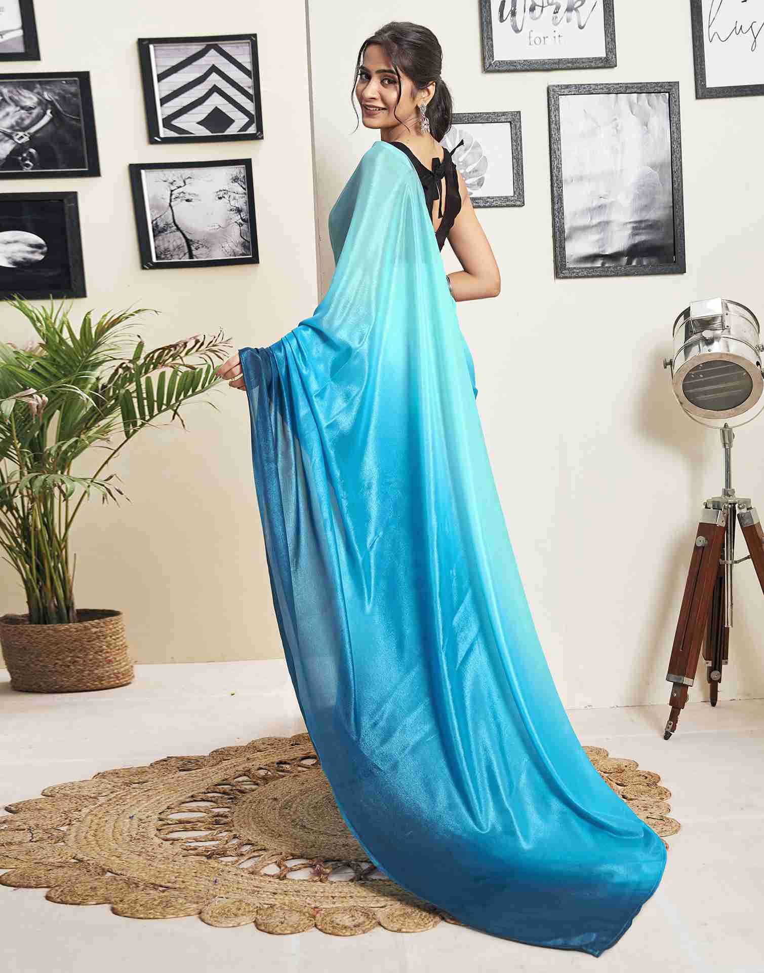 Ready To Wear Teal Blue Georgette Plain Saree