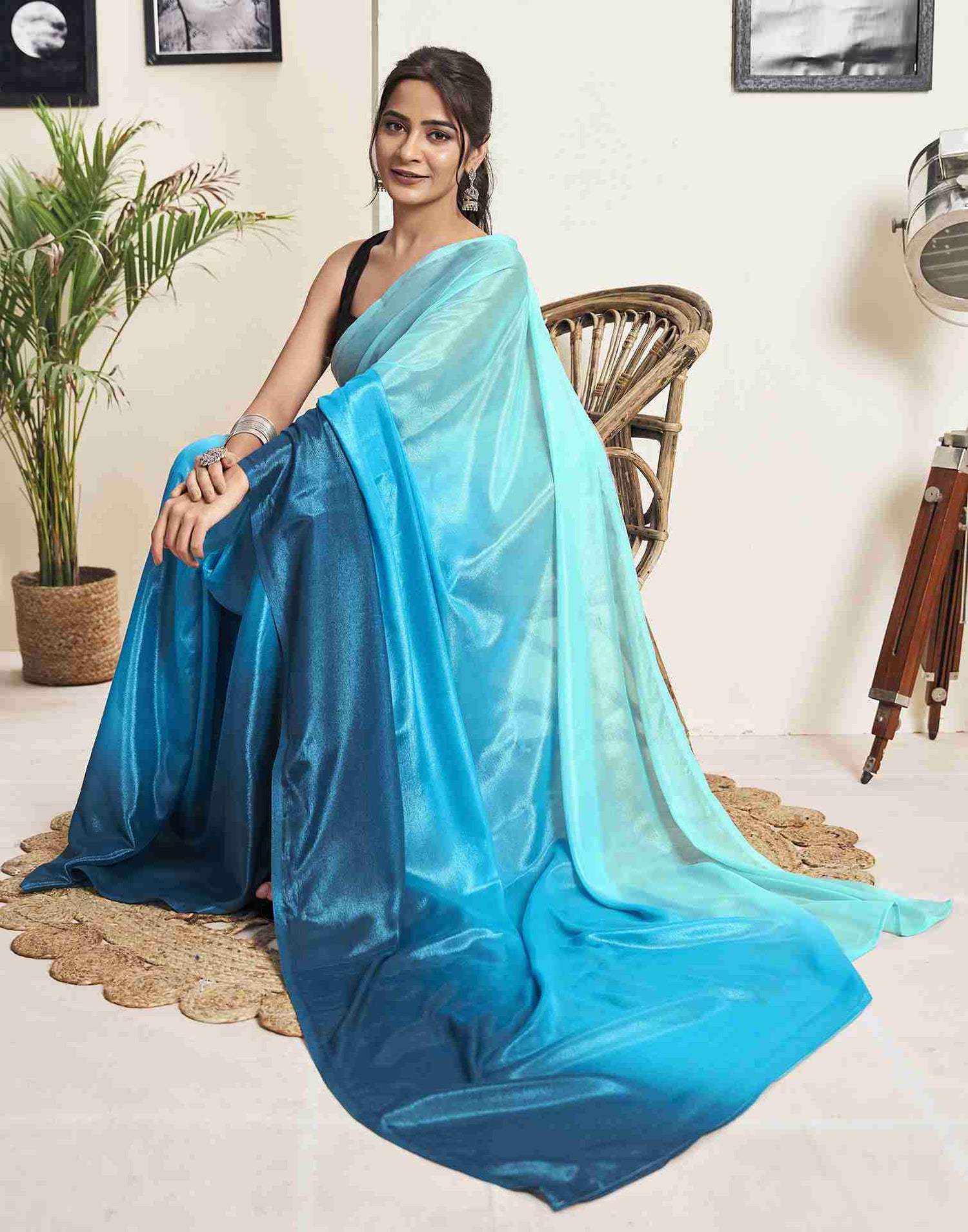 Ready To Wear Teal Blue Georgette Plain Saree