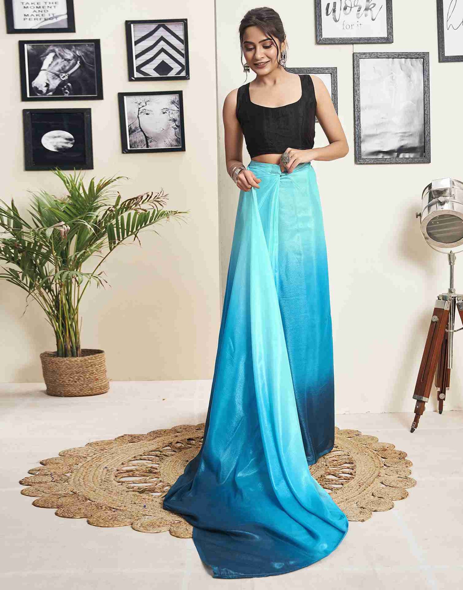 Ready To Wear Teal Blue Georgette Plain Saree