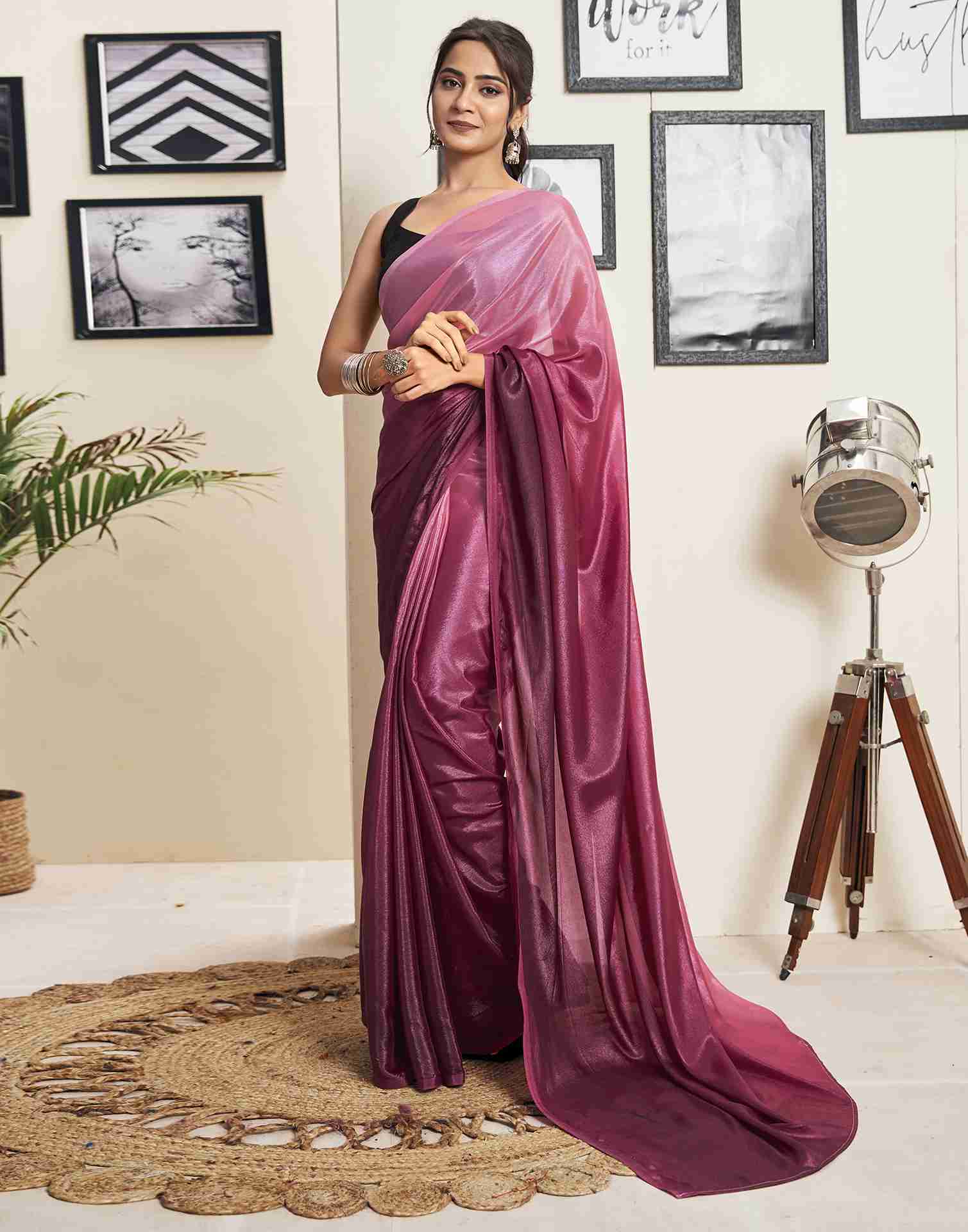 Ready To Wear Maroon Georgette Plain Saree