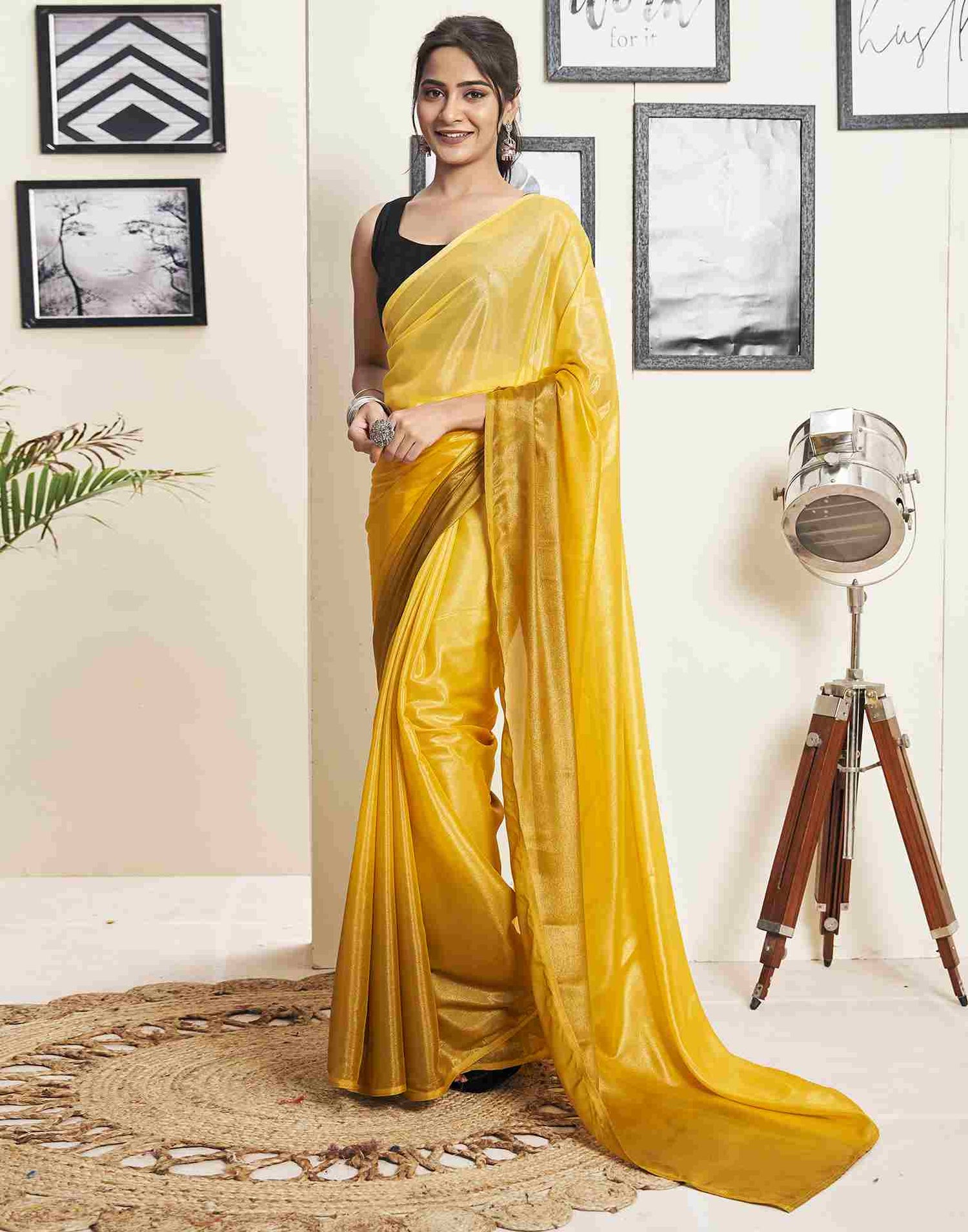 Ready To Wear Yellow Georgette Plain Saree