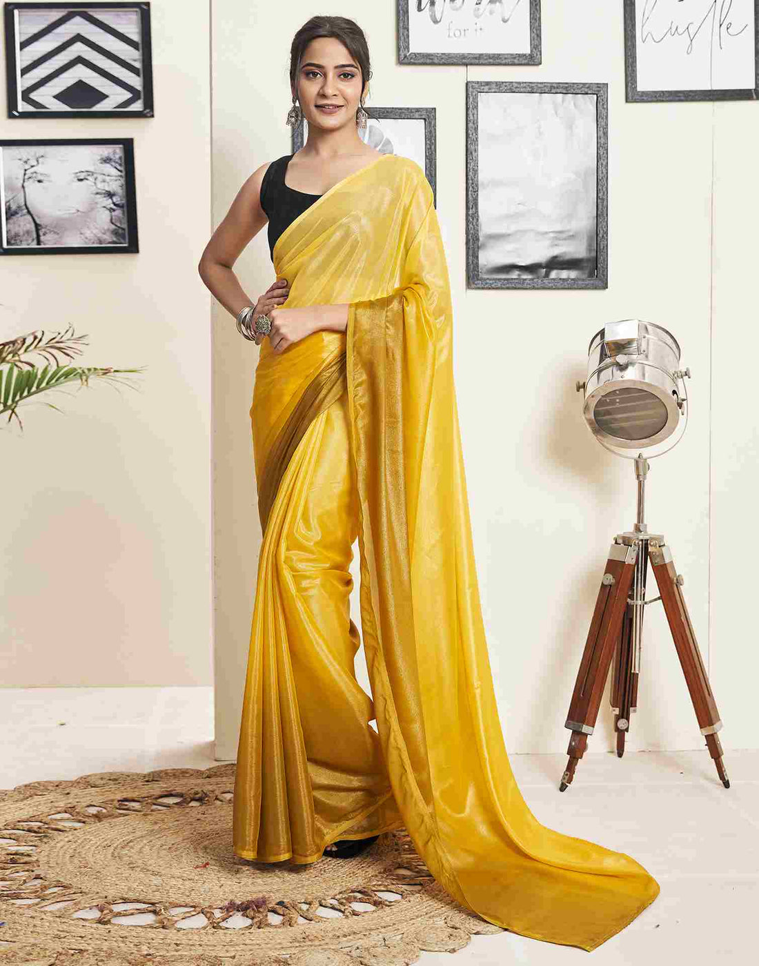 Ready To Wear Yellow Georgette Plain Saree