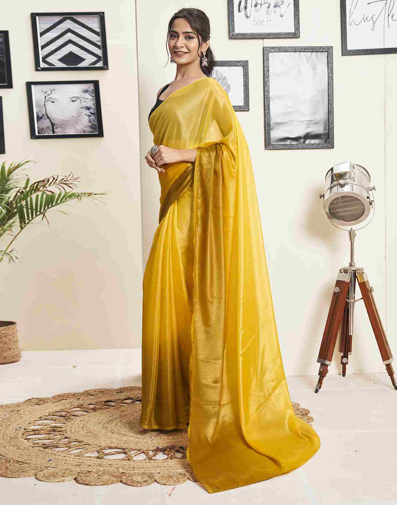 Ready To Wear Yellow Georgette Plain Saree