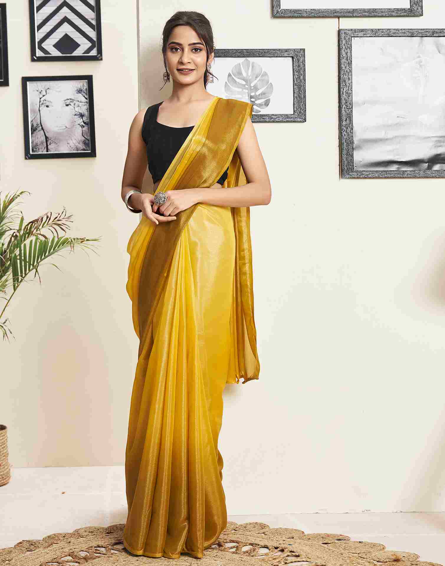 Ready To Wear Yellow Georgette Plain Saree