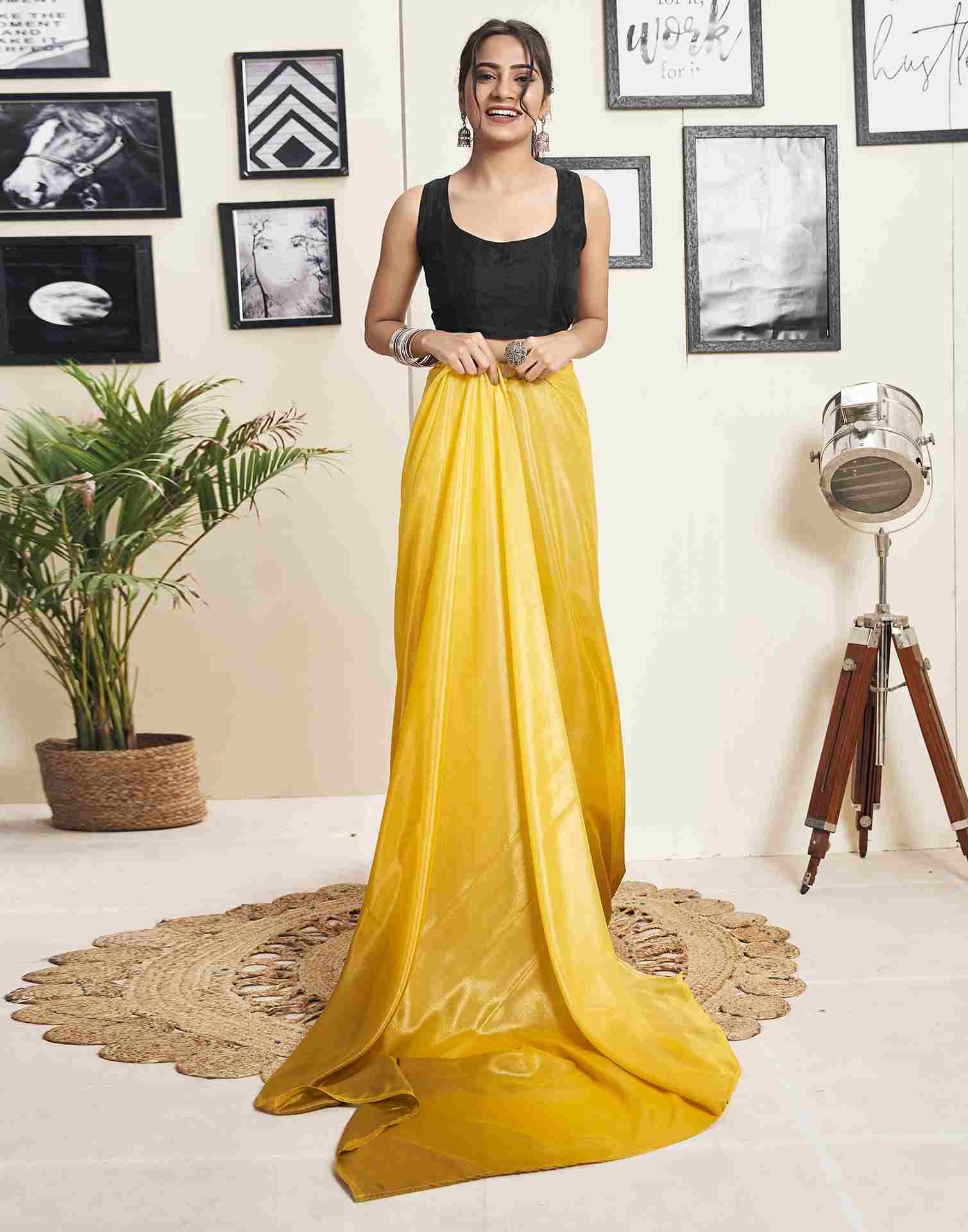 Ready To Wear Yellow Georgette Plain Saree