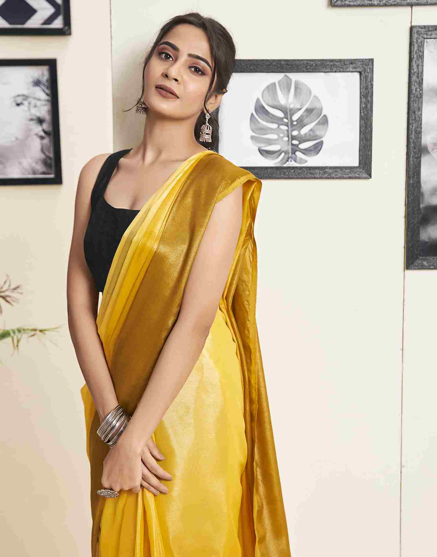 Ready To Wear Yellow Georgette Plain Saree