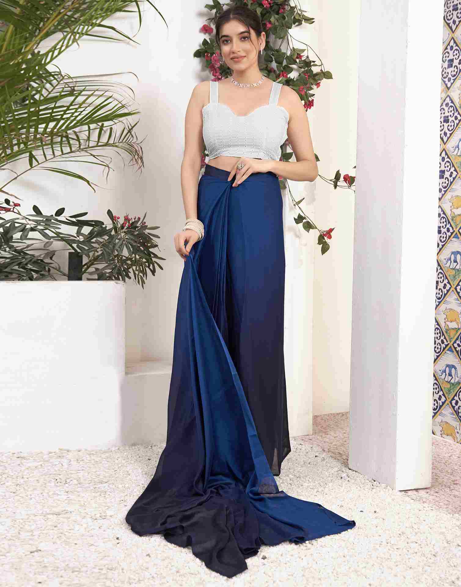 Ready To Wear Navy Blue Georgette Plain Saree