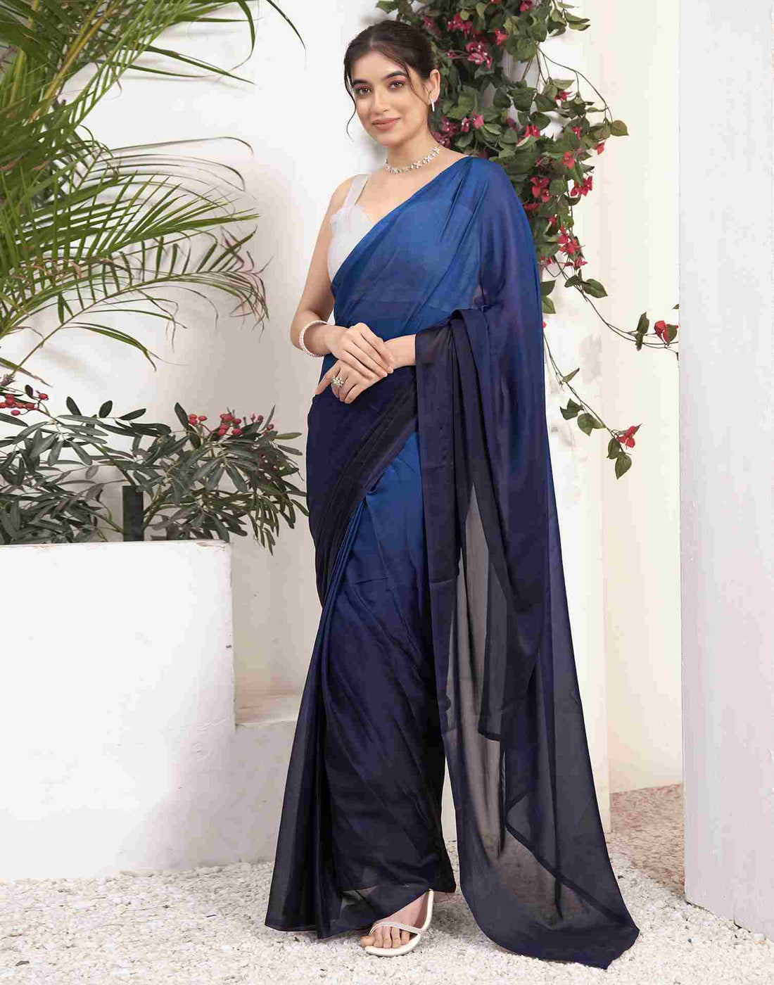 Ready To Wear Navy Blue Georgette Plain Saree