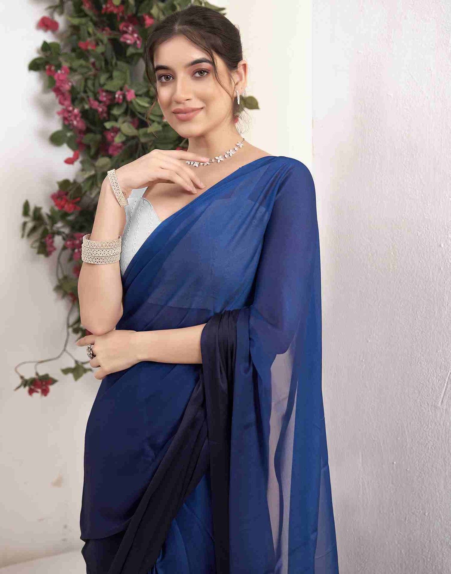 Ready To Wear Navy Blue Georgette Plain Saree