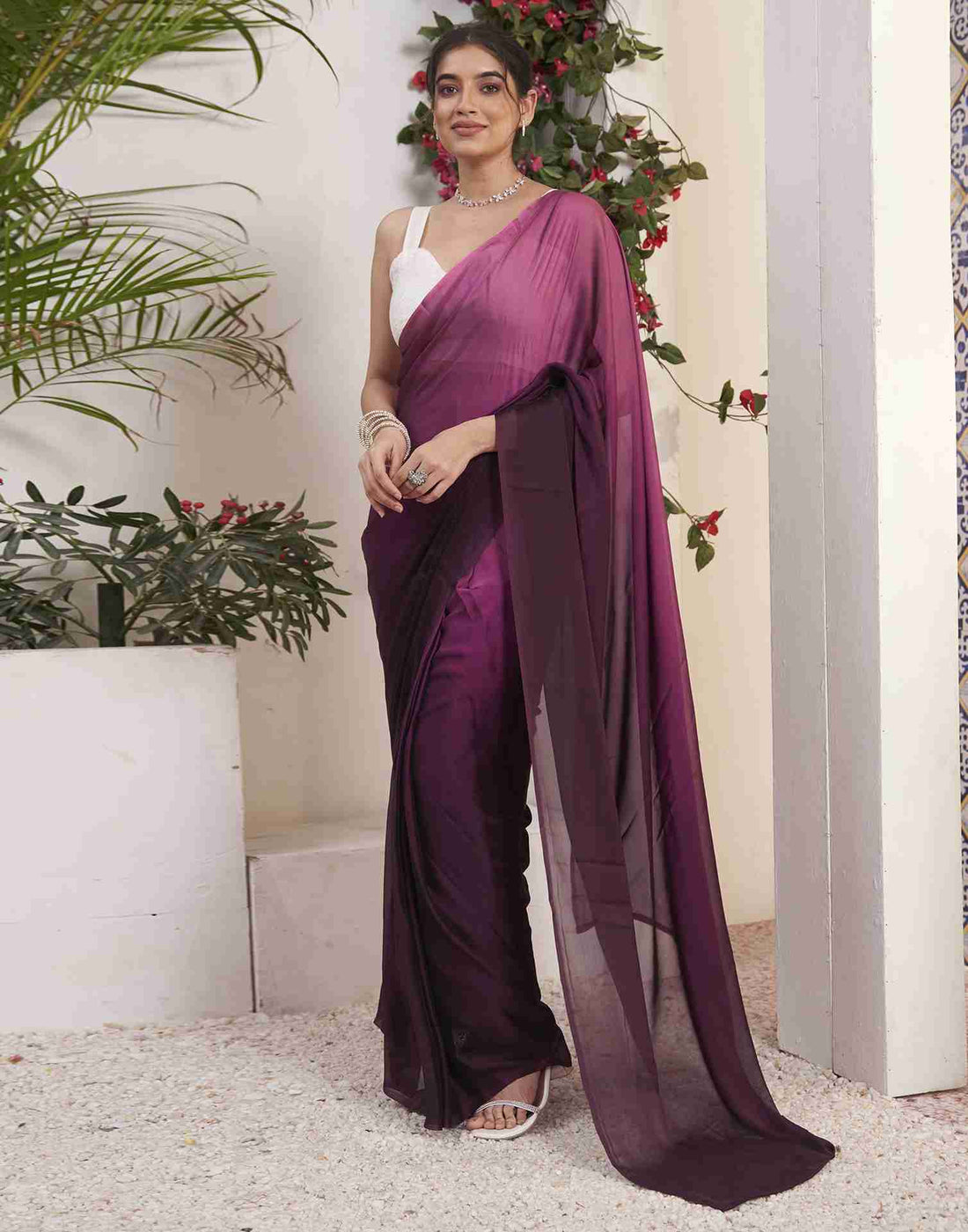 Ready To Wear Wine Georgette Plain Saree