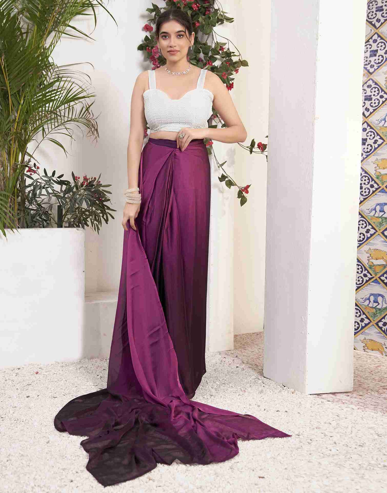 Ready To Wear Wine Georgette Plain Saree