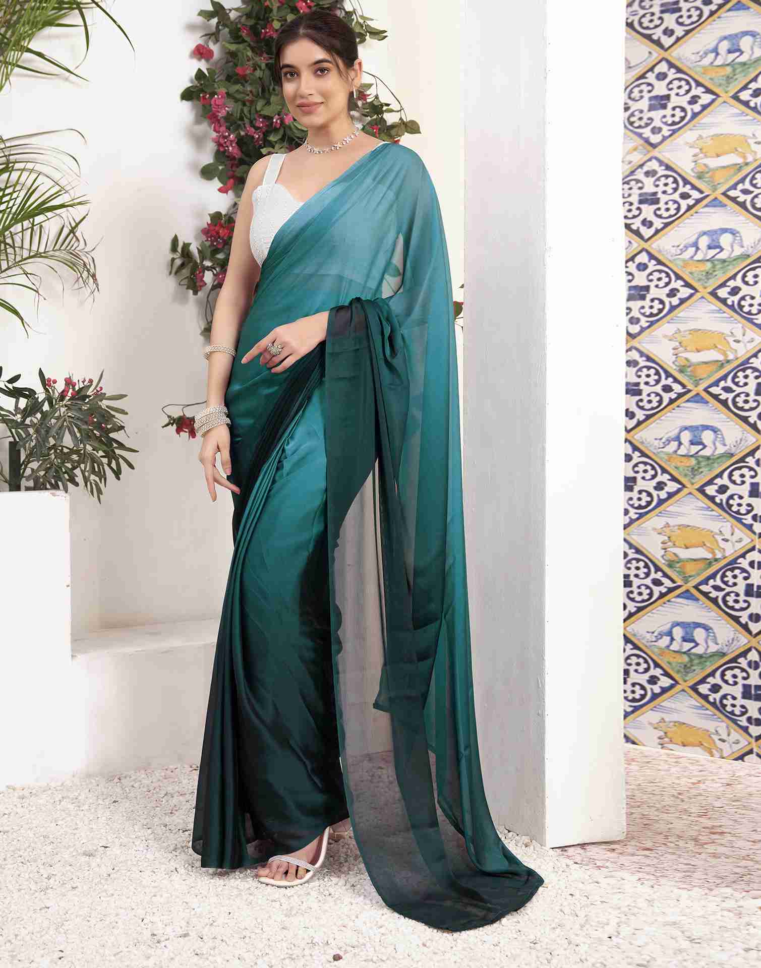 Ready To Wear Dark Green Georgette Plain Saree