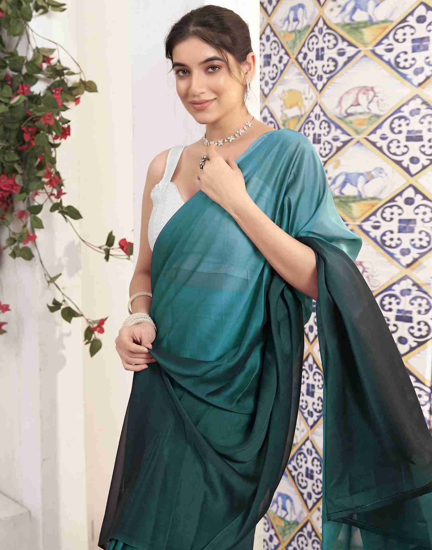 Ready To Wear Dark Green Georgette Plain Saree