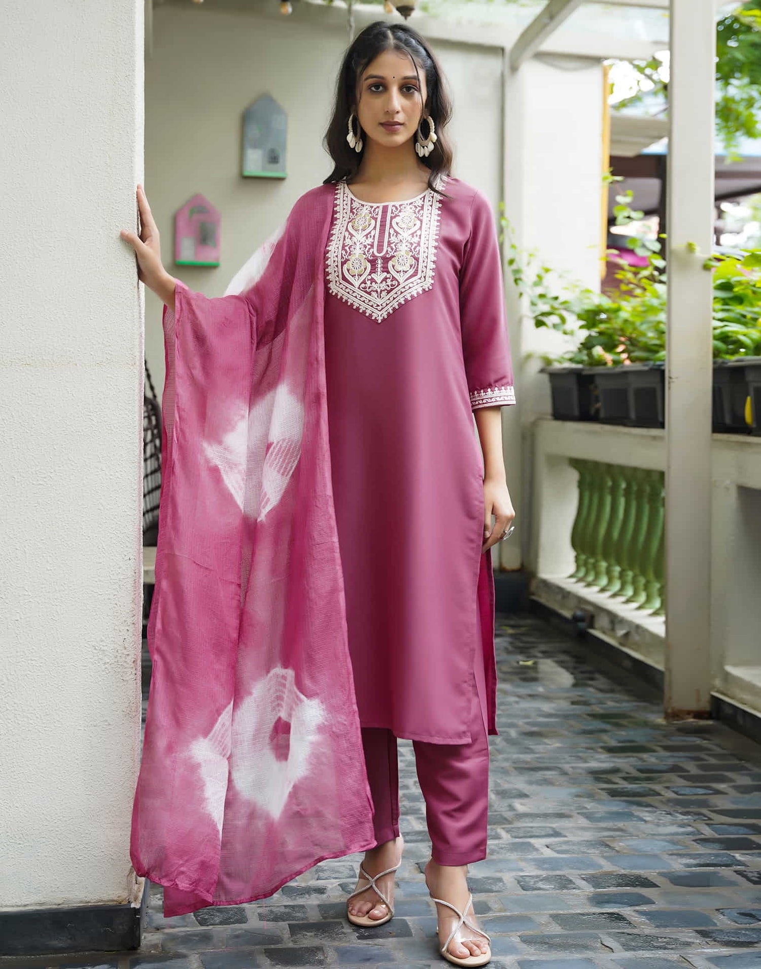 Dusty Pink Silk Sequence Straight Kurta Set With Dupatta