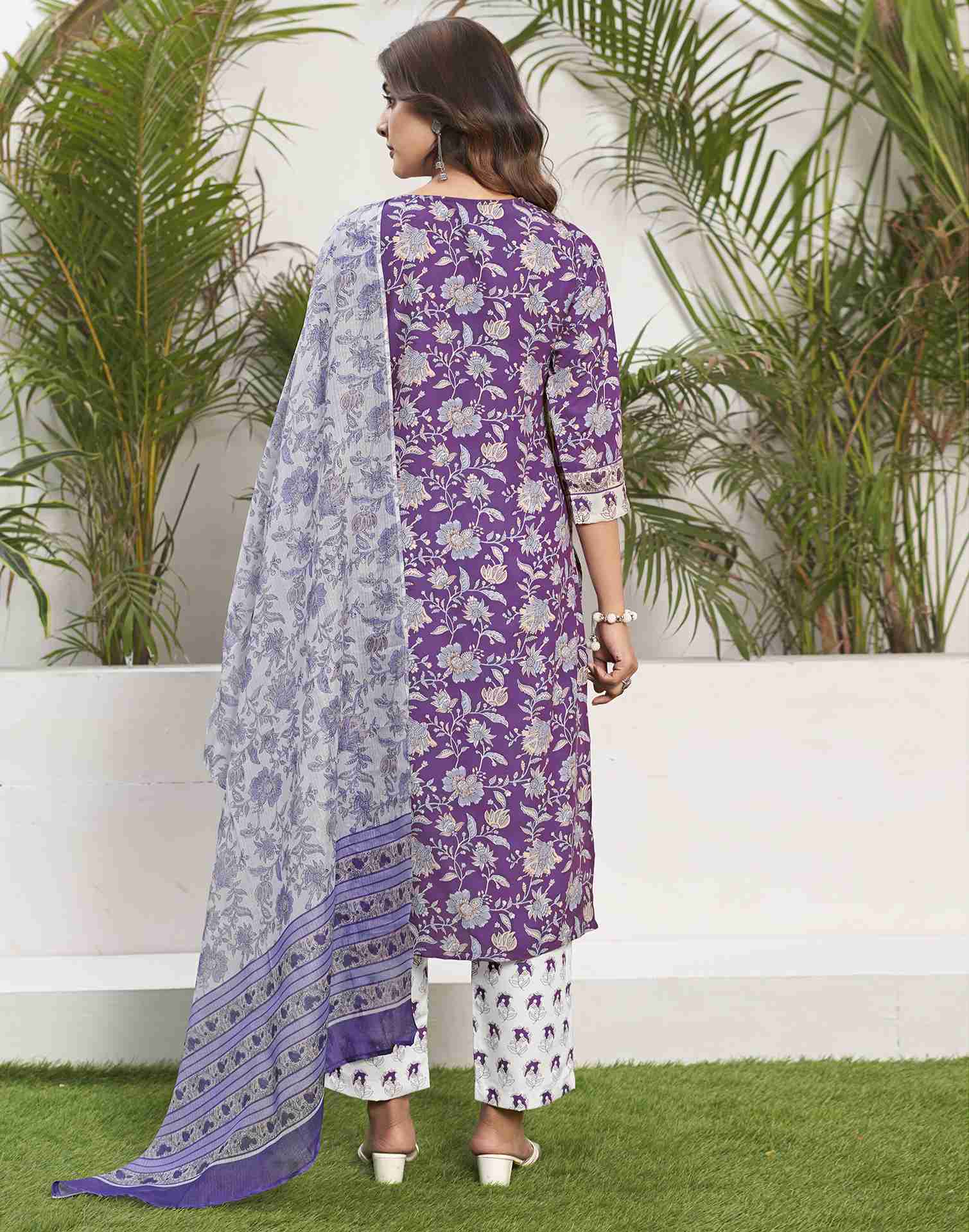 Purple Printed Rayon Straight Kurta Set With Dupatta