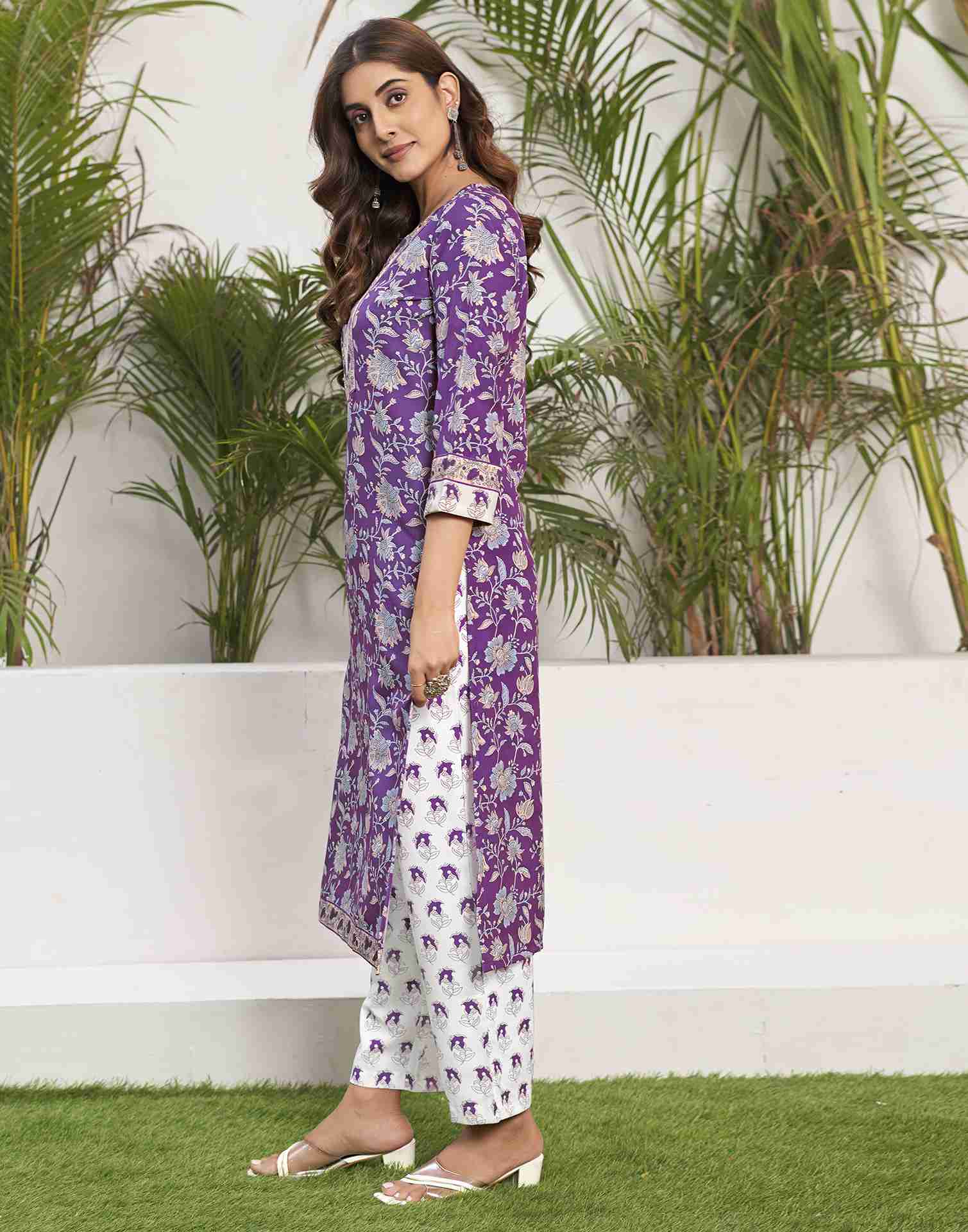 Purple Printed Rayon Straight Kurta Set With Dupatta