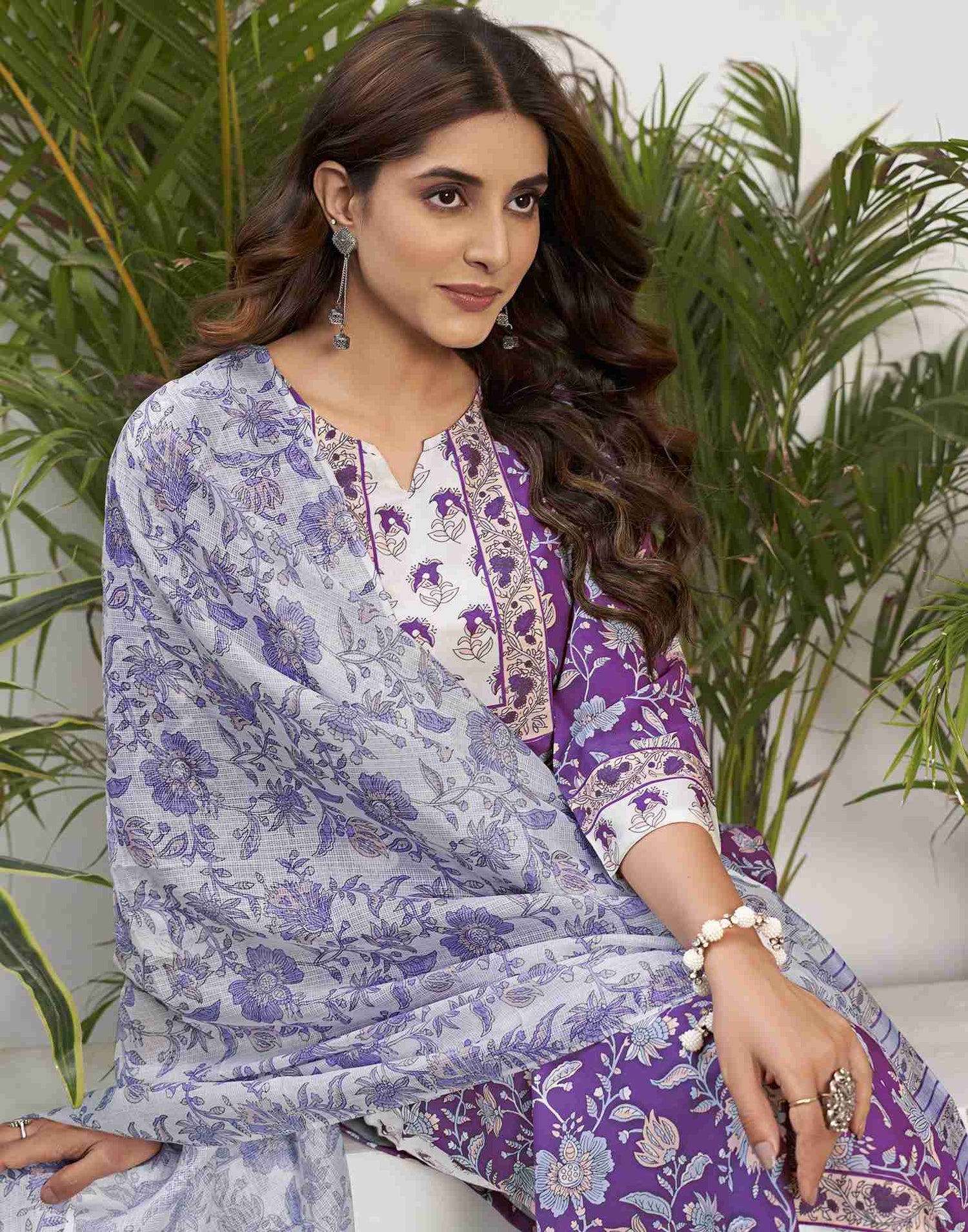 Purple Printed Rayon Straight Kurta Set With Dupatta