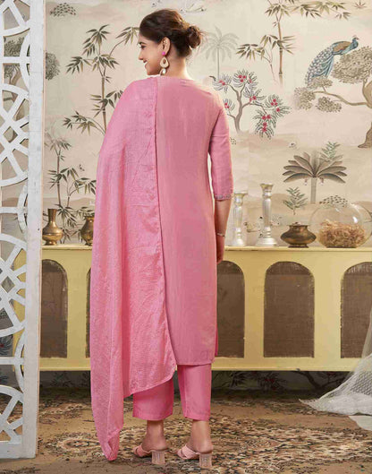 Pink Embroidery Chinnon Straight Kurta Set With Dupatta