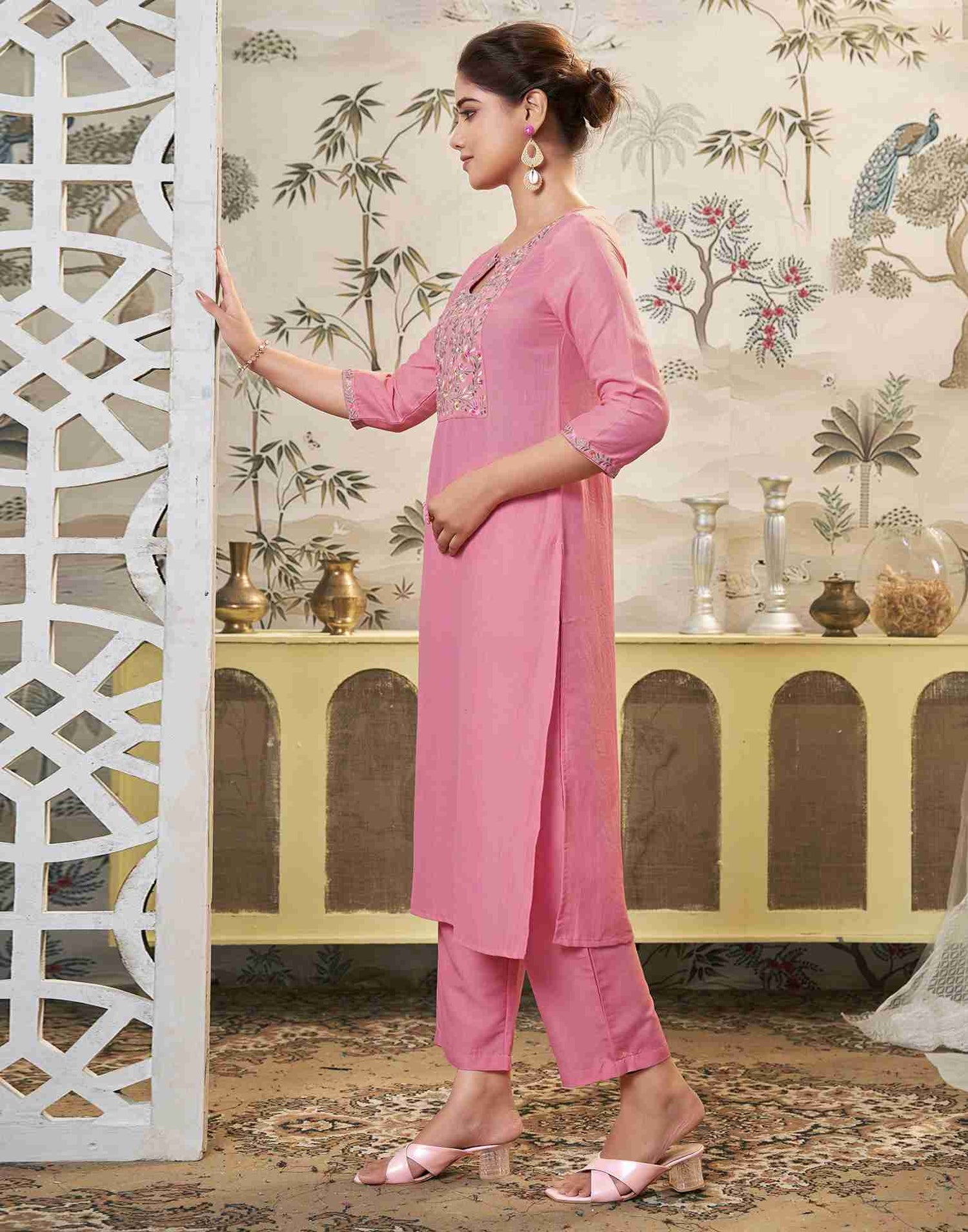 Pink Embroidery Chinnon Straight Kurta Set With Dupatta