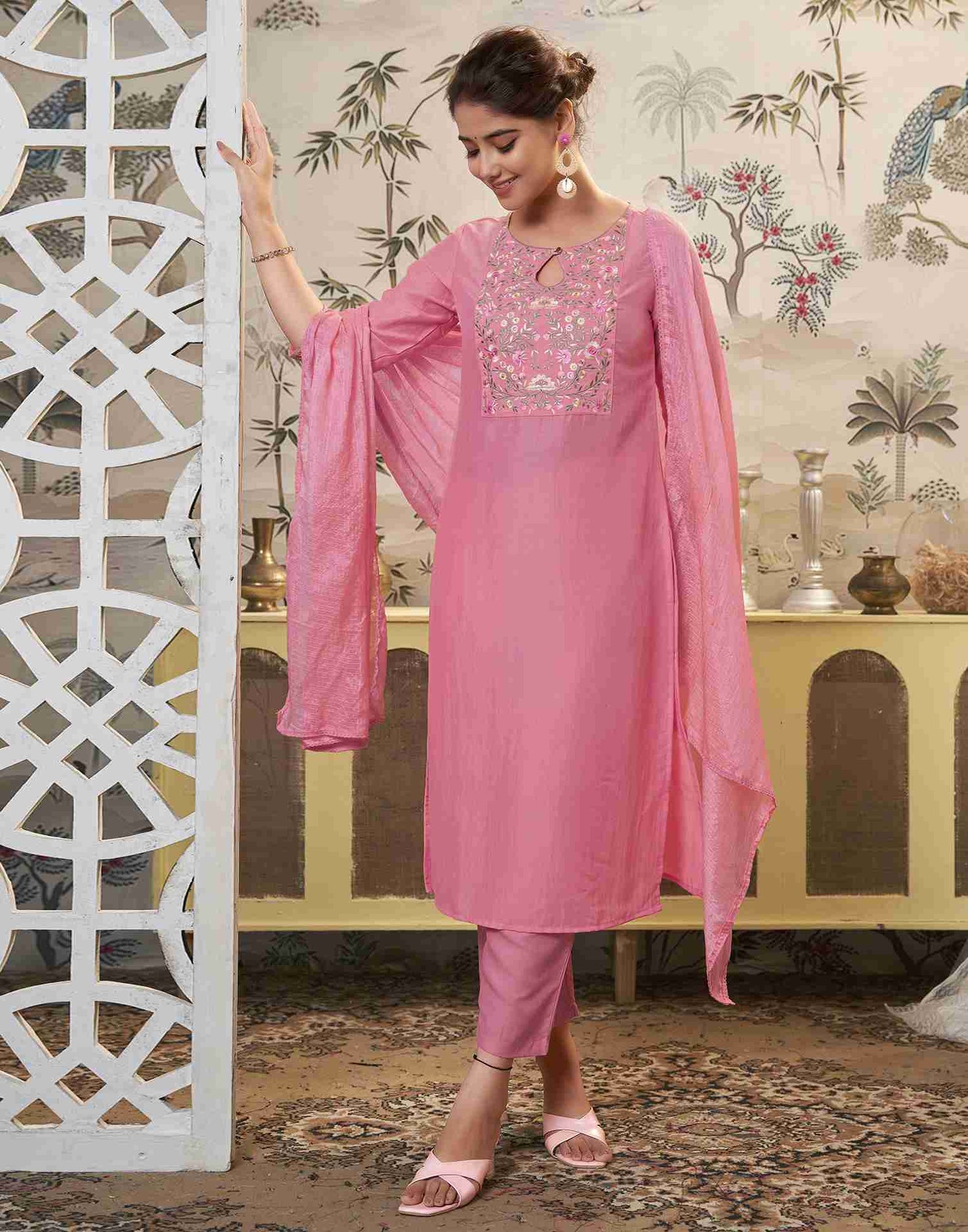 Pink Embroidery Chinnon Straight Kurta Set With Dupatta