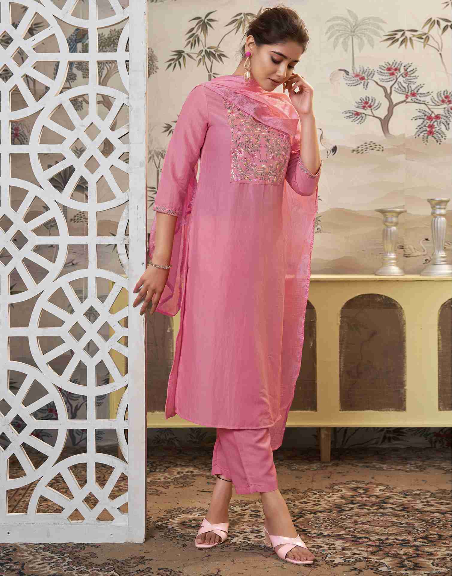 Pink Embroidery Chinnon Straight Kurta Set With Dupatta