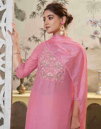 Pink Embroidery Chinnon Straight Kurta Set With Dupatta