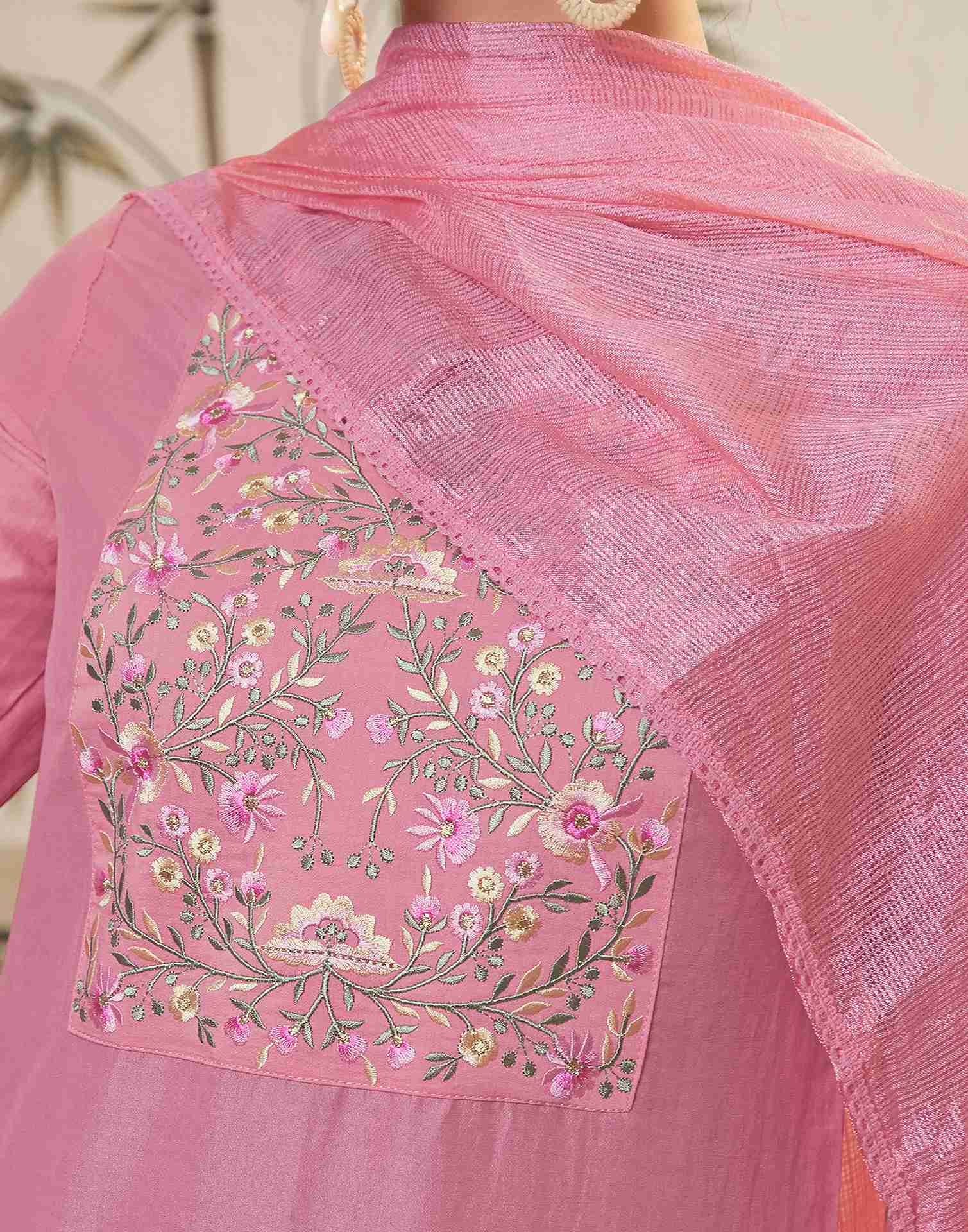 Pink Embroidery Chinnon Straight Kurta Set With Dupatta