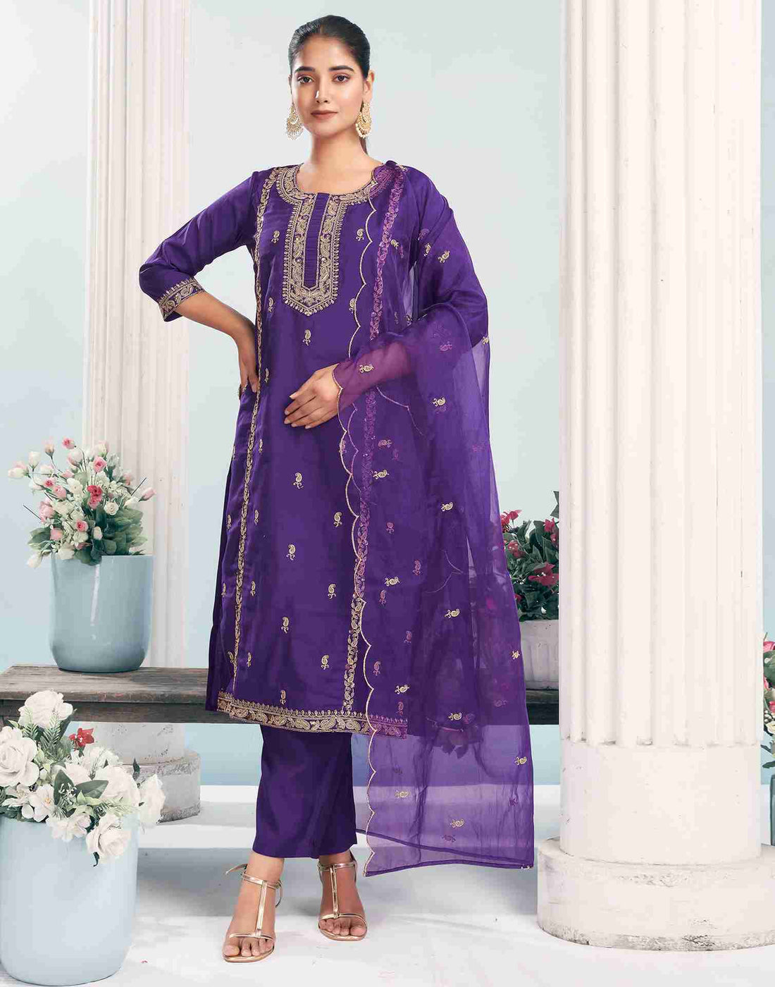 Dark Purple Silk Embroidery Straight Kurta With Pant And Dupatta