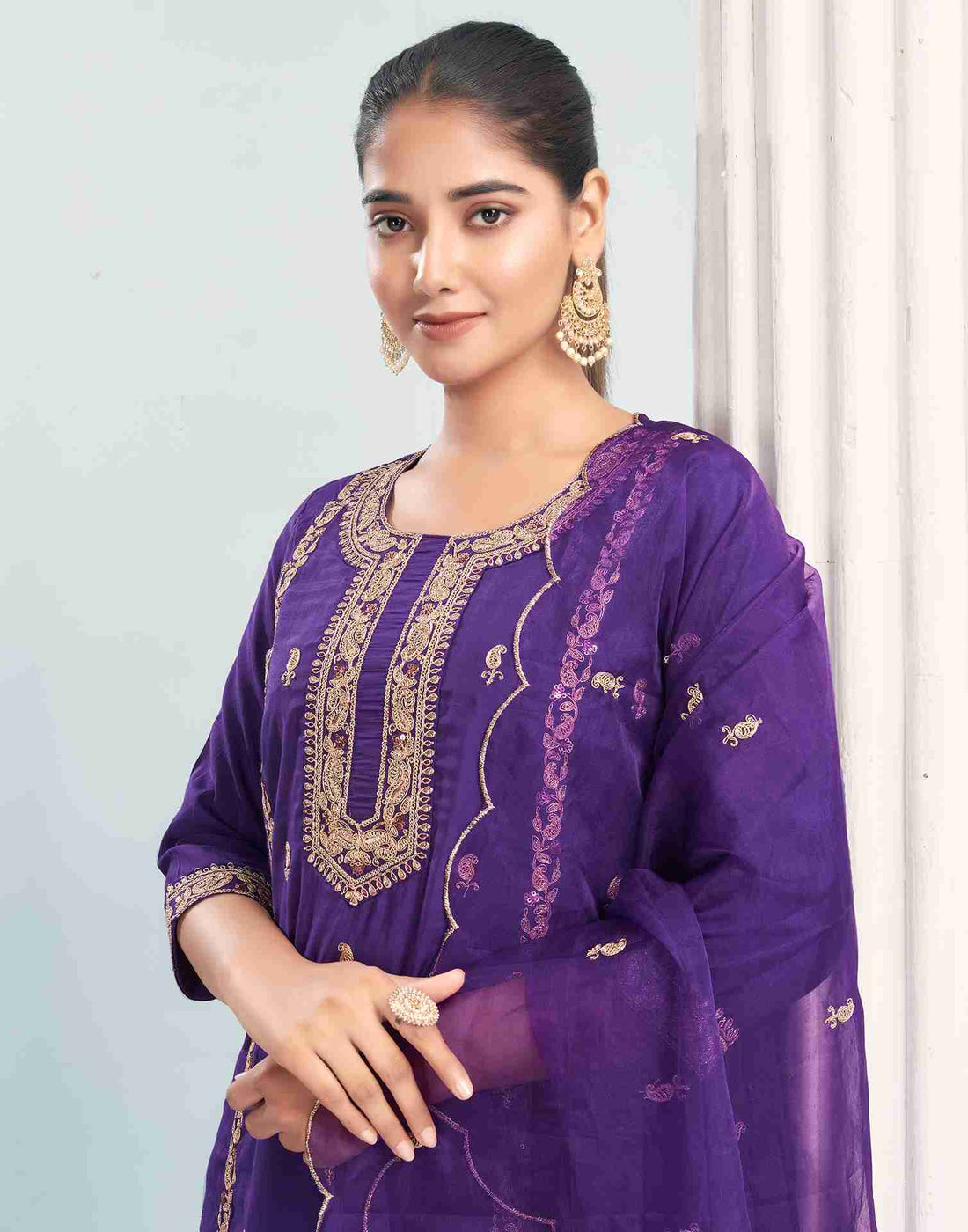 Dark Purple Silk Embroidery Straight Kurta With Pant And Dupatta