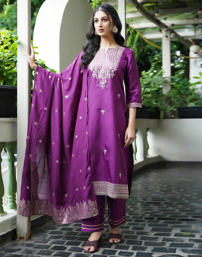 Deep Purple Simba  Sequence Straight Kurta Set With Dupatta