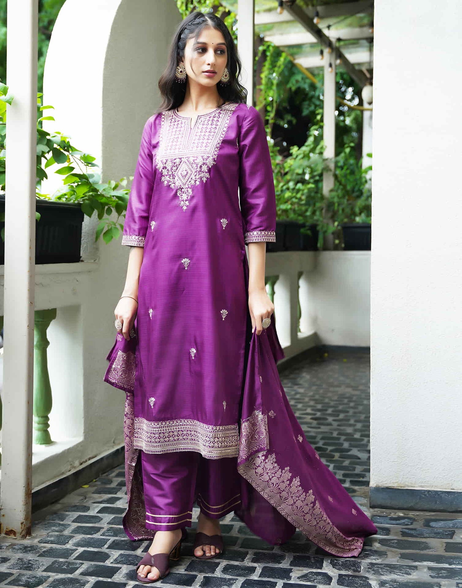 Deep Purple Simba  Sequence Straight Kurta Set With Dupatta