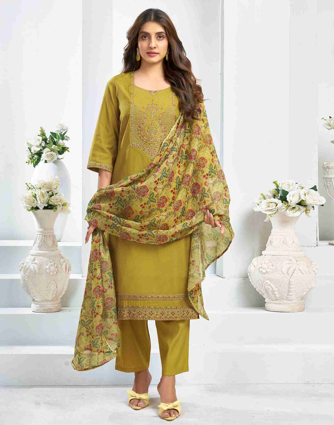 Mustard Yellow Chanderi Embroidery Straight Kurta Set With Dupatta