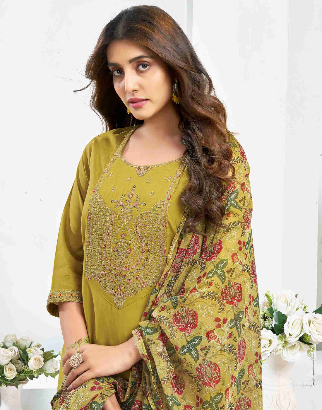 Mustard Yellow Chanderi Embroidery Straight Kurta Set With Dupatta