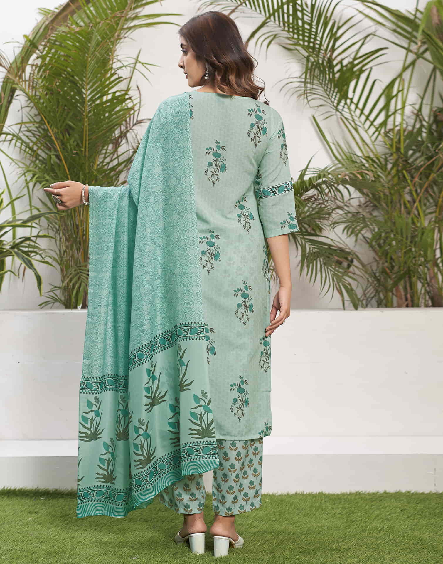 Light Pista Green Printed Rayon Straight Kurta With Pant And Dupatta