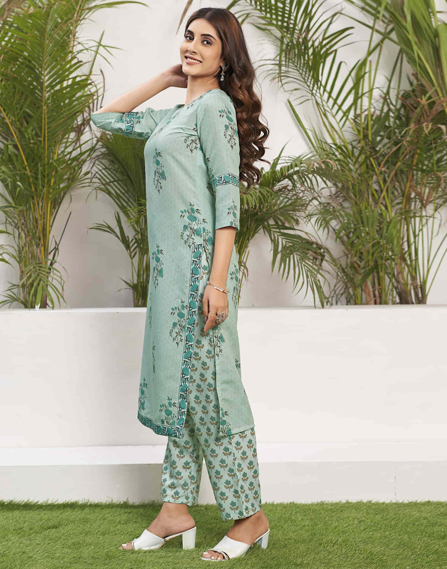 Light Pista Green Printed Rayon Straight Kurta With Pant And Dupatta