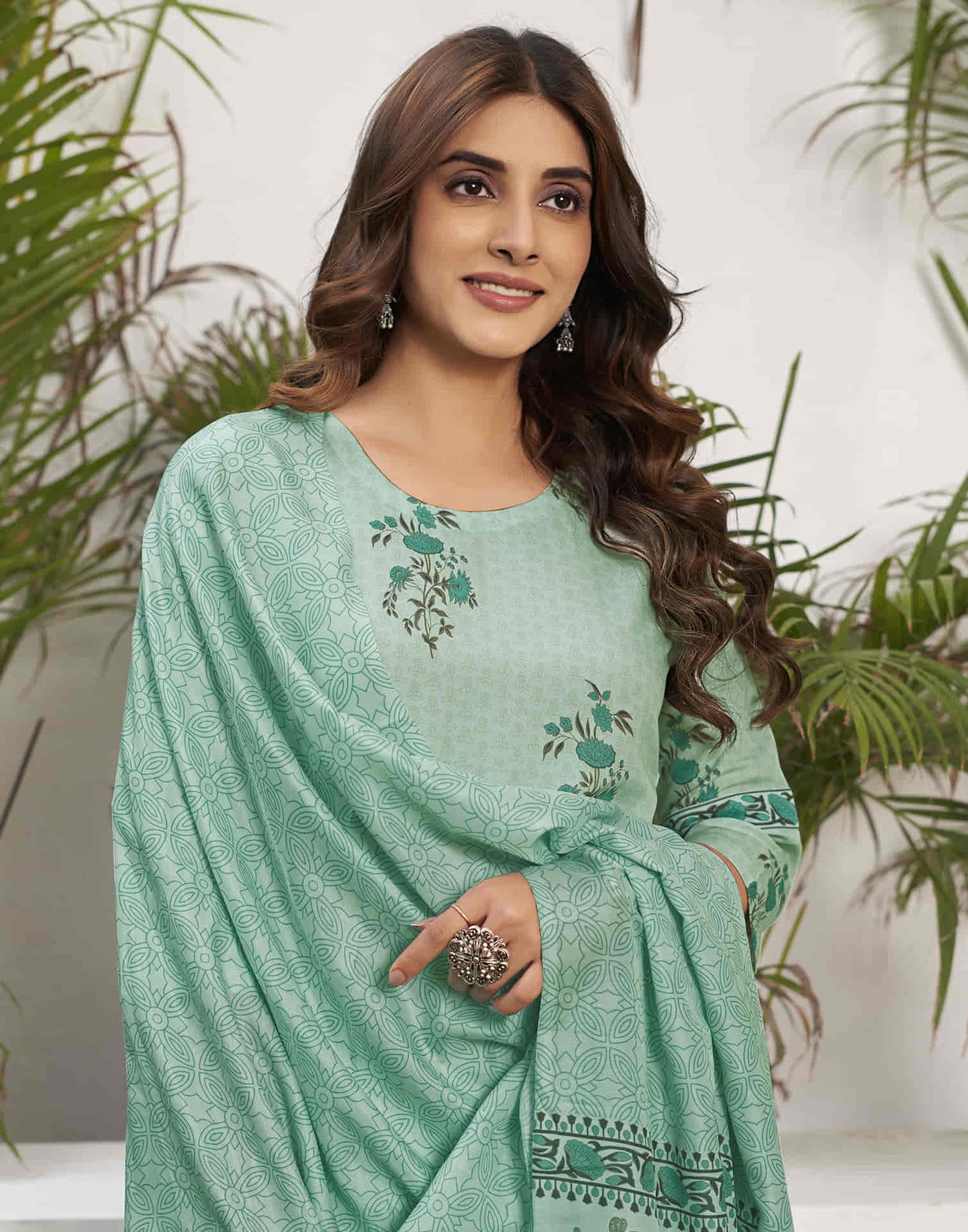 Light Pista Green Printed Rayon Straight Kurta With Pant And Dupatta