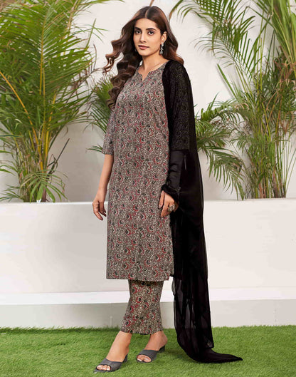 Walnut Brown Printed Cotton Straight Kurta With Pant And Dupatta