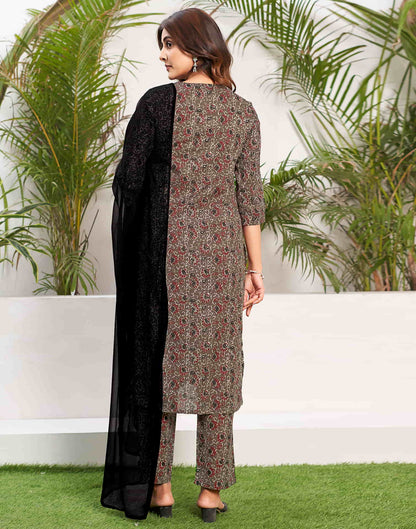 Walnut Brown Printed Cotton Straight Kurta With Pant And Dupatta