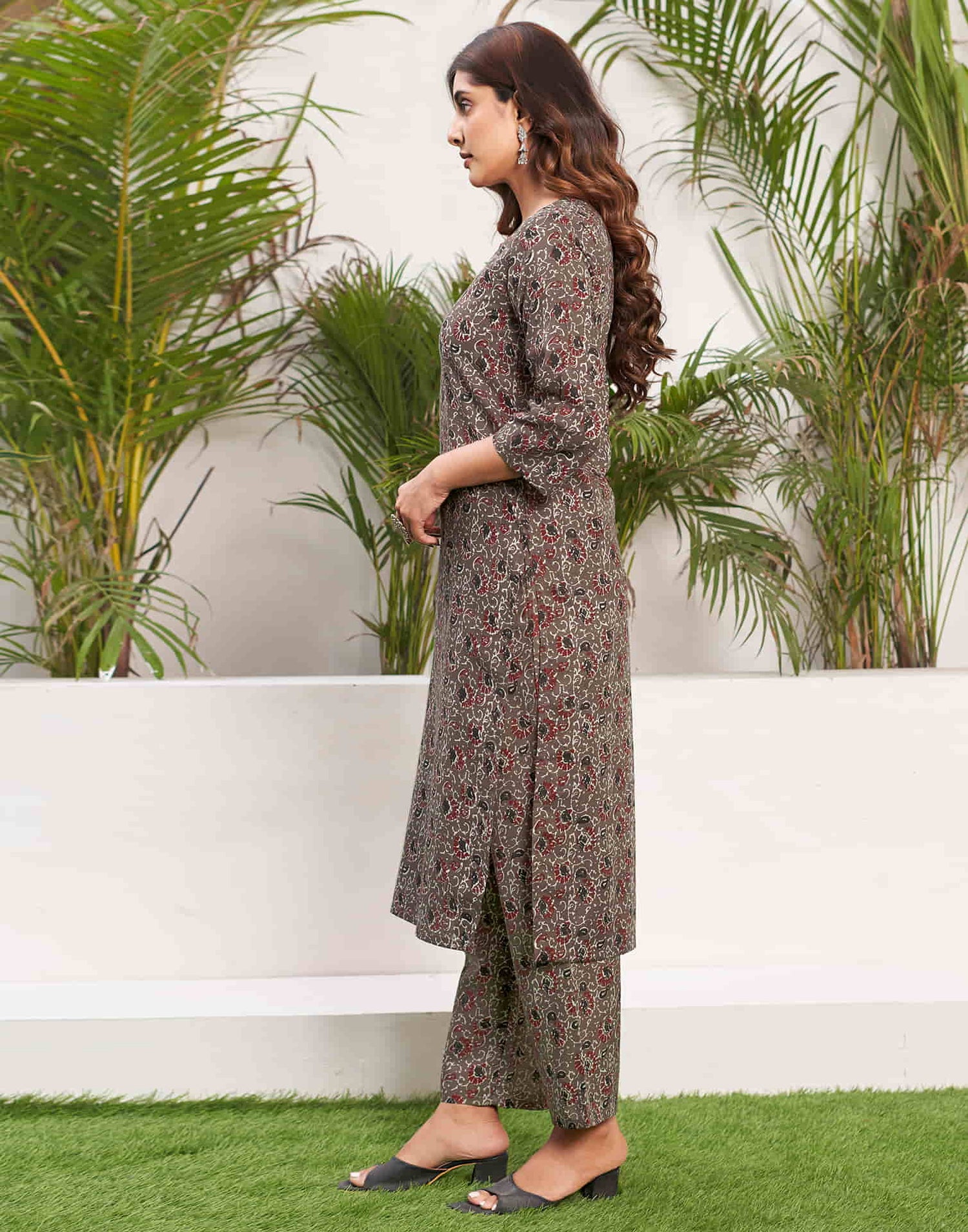 Walnut Brown Printed Cotton Straight Kurta With Pant And Dupatta