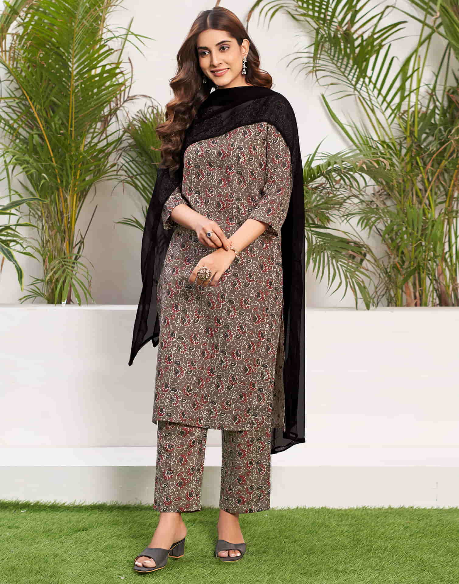 Walnut Brown Printed Cotton Straight Kurta With Pant And Dupatta