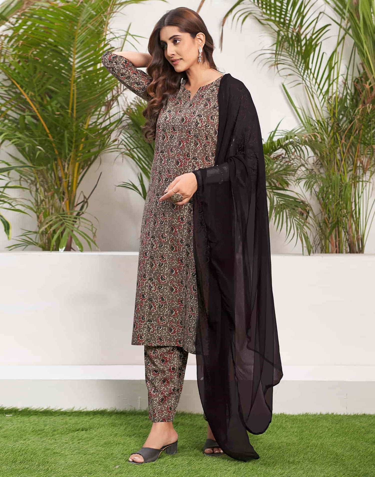 Walnut Brown Printed Cotton Straight Kurta With Pant And Dupatta