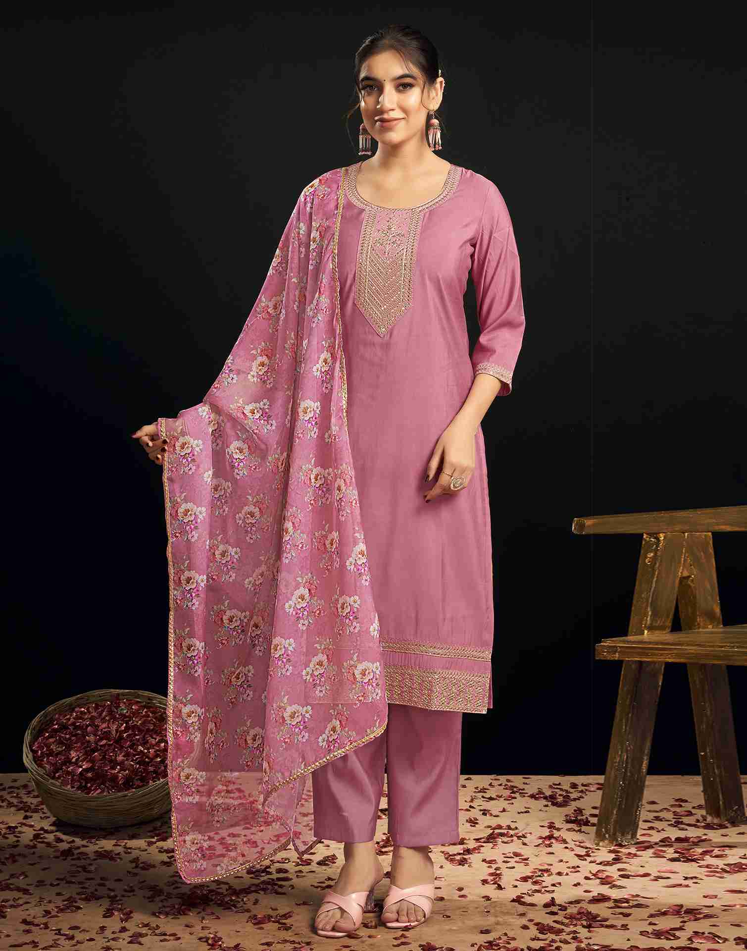 Pink Chanderi Embroidery Straight Kurta Set With Dupatta