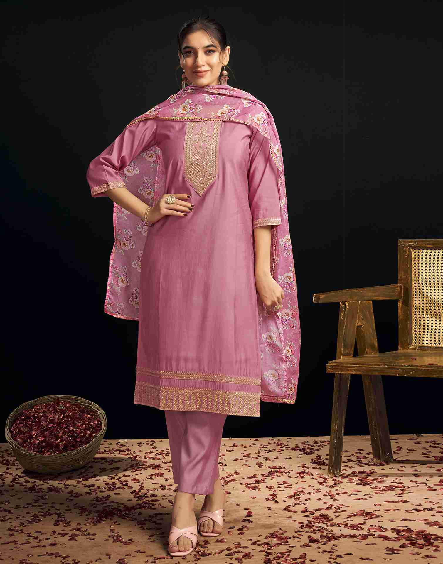 Pink Chanderi Embroidery Straight Kurta Set With Dupatta