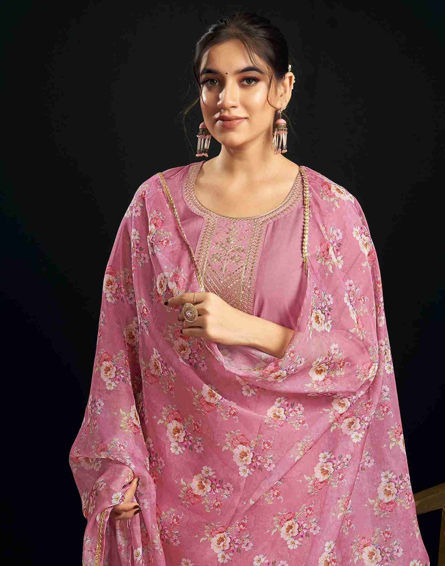 Pink Chanderi Embroidery Straight Kurta Set With Dupatta