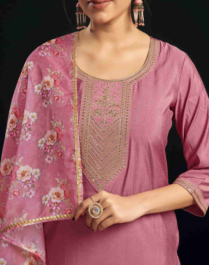 Pink Chanderi Embroidery Straight Kurta Set With Dupatta