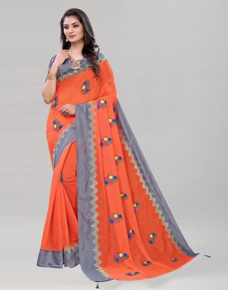 Peach Coloured Poly Cotton Embroidered Saree | Sudathi